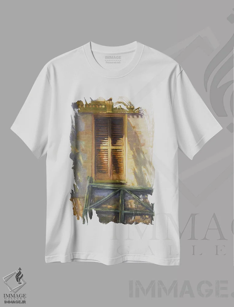 تیشرت سفید طرح دار – تیشرت هنری ,حاشیه پنجره اثر مری هابلی فروشگاه ایماژ