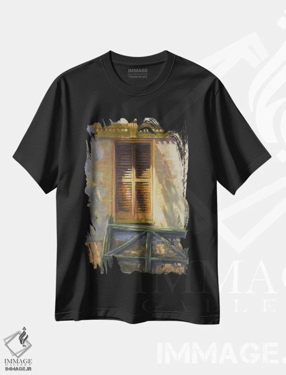 تیشرت مشکی طرح دار – تیشرت هنری ,حاشیه پنجره اثر مری هابلی immage.ir