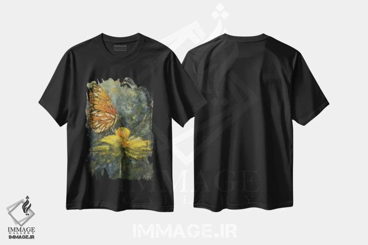 تیشرت مشکی طرح دار – تیشرت طبیعت ,پروانه نارنگی اثر مری هابلی immage.ir
