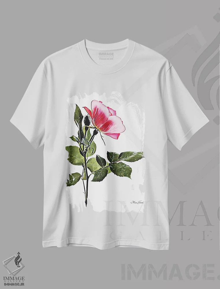 تیشرت سفید طرح دار – تیشرت گل رز ,رزگون اثر ماز غنی فروشگاه ایماژ