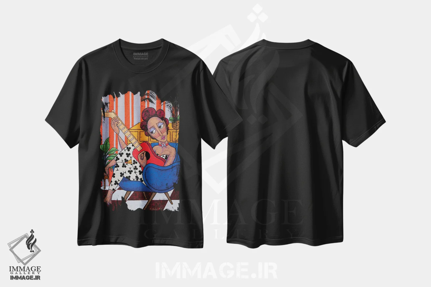 تیشرت مشکی طرح دار – تیشرت موسیقی ,آدینکا با گیتار قرمز اثر آدوبی مایداز مکین دی immage.ir