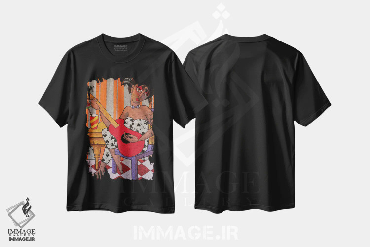 تیشرت مشکی طرح دار – تیشرت زنانه ,آدونی با گیتار قرمز اثر آدوبی مایداز مکین دی فروشگاه ایماژ
