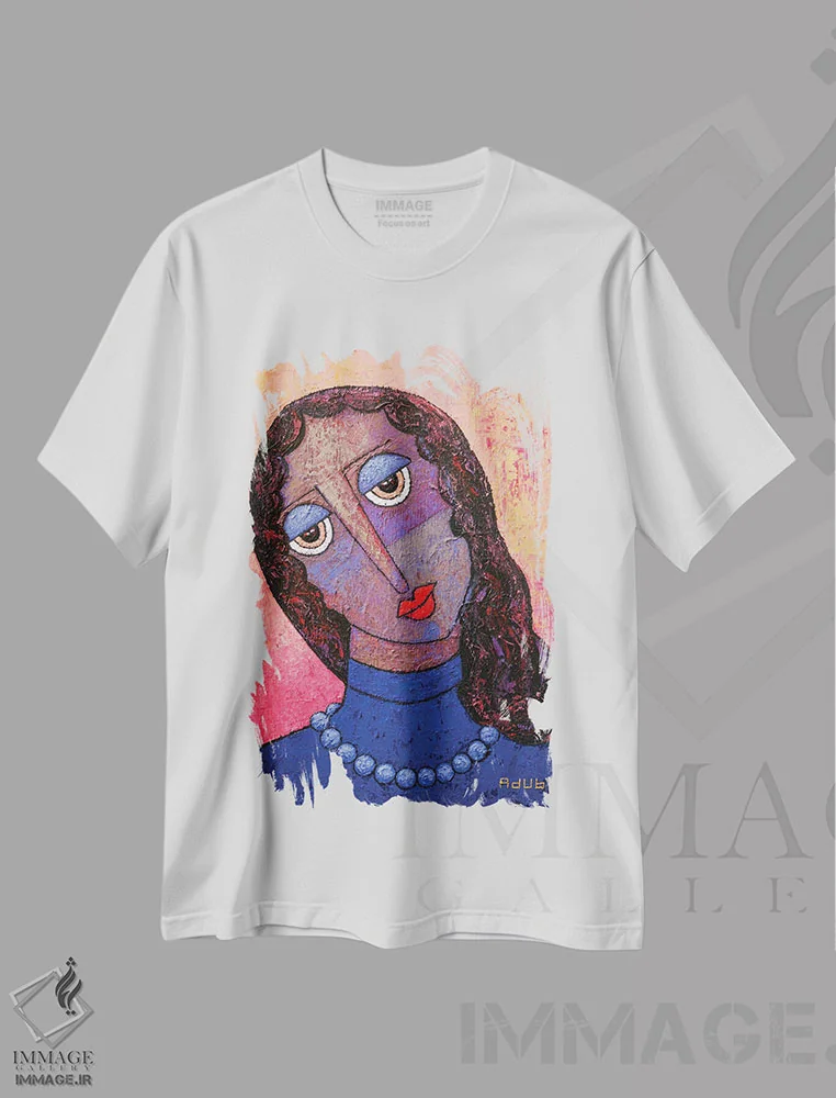 تیشرت سفید طرح دار – تیشرت هنری ,دختر با لباس آبی اثر آدوبی مایداز مکین دی فروشگاه ایماژ