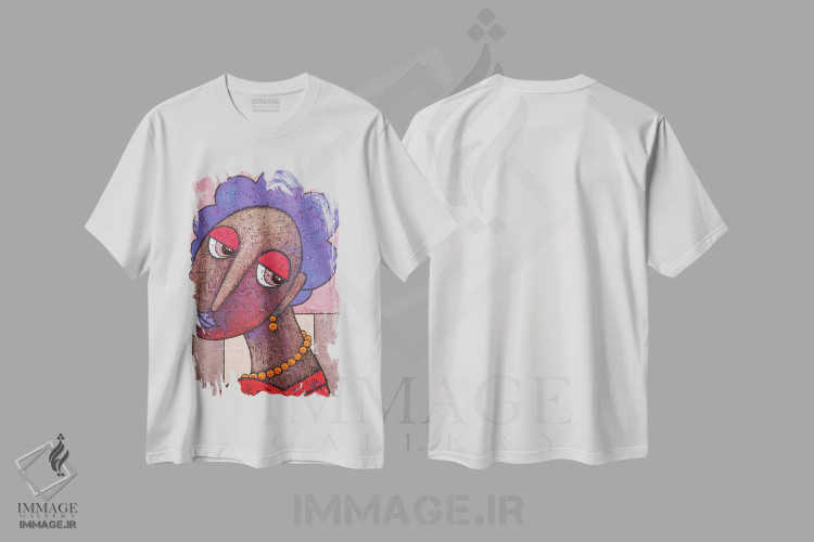تیشرت سفید طرح دار – تیشرت هنری ,دختر با گردنبند نارنجی اثر آدوبی مایداز مکین دی immage.ir