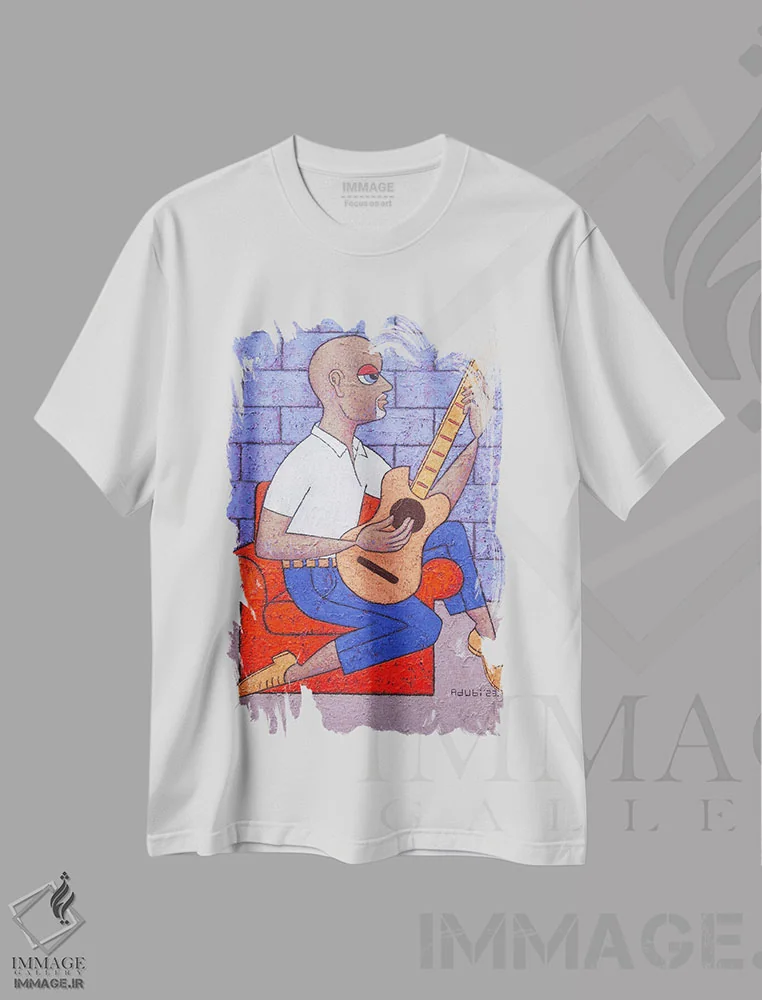 تیشرت سفید طرح دار – تیشرت موسیقی ,آقای مارتینز گیتاریست است اثر آدوبی مایداز مکین دی immage.ir