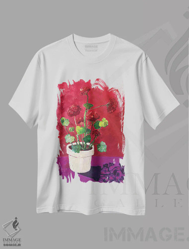 تیشرت سفید طرح دار – تیشرت گلدار هنری ,شمعدانی قرمز اثر آناستازیا مازور-اسکروبوا فروشگاه ایماژ