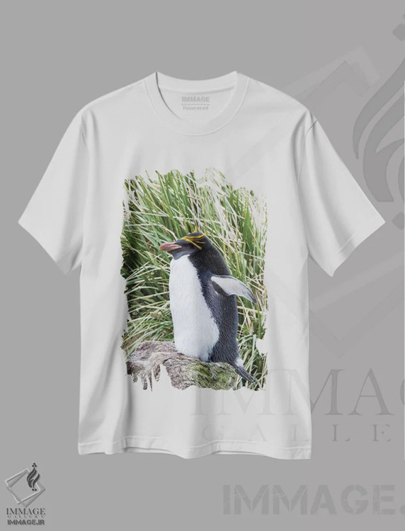 تیشرت سفید طرح دار – تیشرت حیوانات ,پنگوئن ماکارونی ایستاده در کلونی، میان علفزارهای متراکم توساک اثر مارتین زویک immage.ir