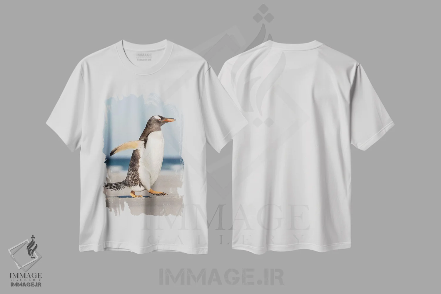 تیشرت سفید طرح دار – تیشرت عکاسی طبیعت ,پنگوئن جنتو در جزایر فالکلند، در حال رژه به سمت کلونی هنگام عصر اثر مارتین زویک immage.ir