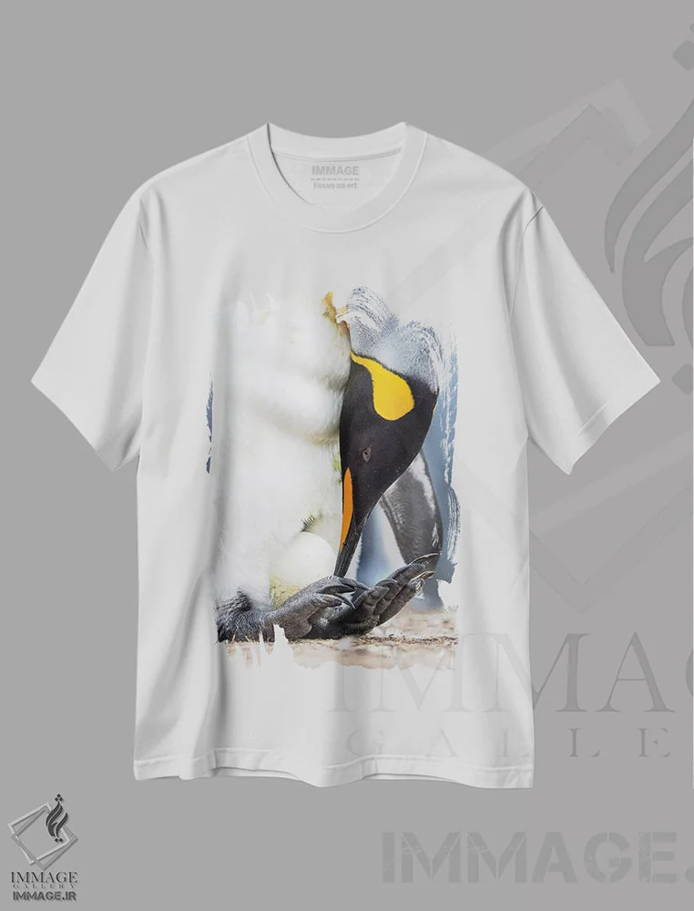 تیشرت سفید طرح دار – تیشرت حیوانات ,تخم در حال گرم شدن توسط پنگوئن بالغ با تعادل روی پاها؛ پنگوئن شاه در جزایر فالکلند اثر مارتین زویک immage.ir