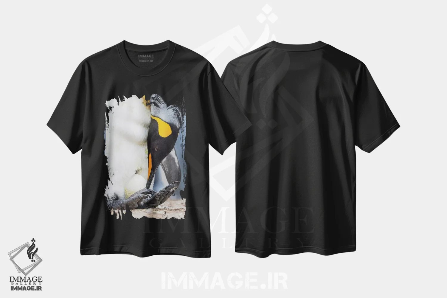 تیشرت مشکی طرح دار – تیشرت حیوانات ,تخم در حال گرم شدن توسط پنگوئن بالغ با تعادل روی پاها؛ پنگوئن شاه در جزایر فالکلند اثر مارتین زویک فروشگاه ایماژ