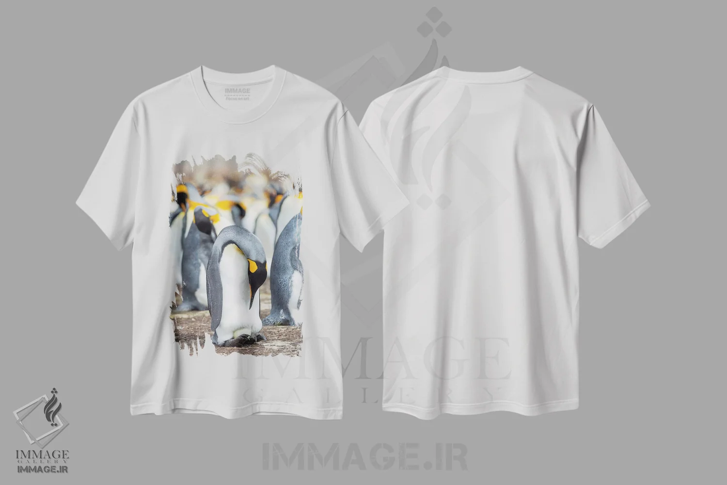 تیشرت سفید طرح دار – تیشرت پنگوئن ها ,تخم در حال گرم شدن توسط پنگوئن بالغ با تعادل روی پاها؛ پنگوئن شاه در جزایر فالکلند اثر مارتین زویک فروشگاه ایماژ