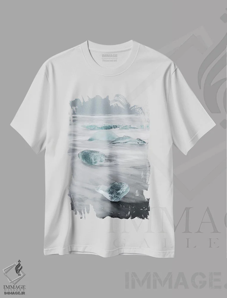 تیشرت سفید طرح دار – تیشرت طبیعت ,Iceland.,کوه های یخ در ساحل شنی سیاه آتشفشانی، ایسلند اثر مارتین زویک immage.ir