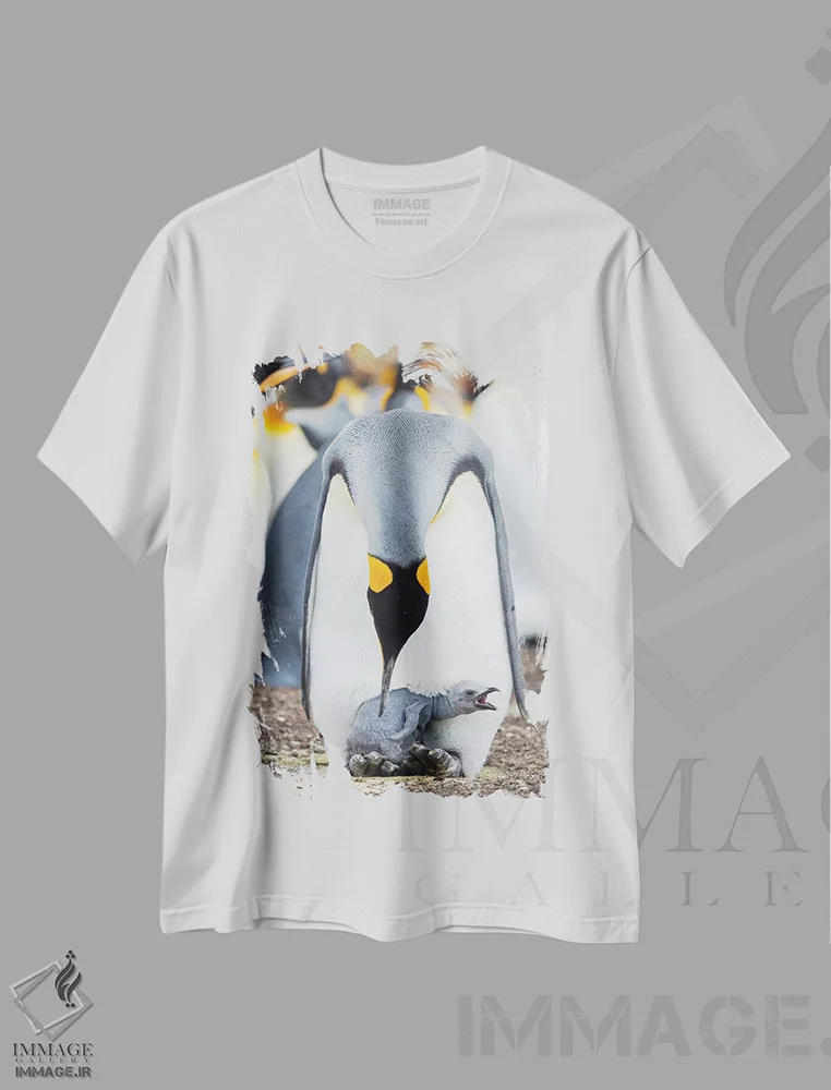 تیشرت سفید طرح دار – تیشرت حیوانات ,Falkland Islands.,جوجه پنگوئن شاه در حال درخواست غذا در حالی که روی پای والدین استراحت می کند، جزایر فالکلند اثر مارتین زویک فروشگاه ایماژ