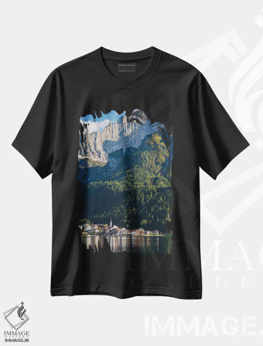 تیشرت مشکی طرح دار – تیشرت منظره ,an icon of the dolomites in the Veneto, Italy,دهکده آلگه کنار دریاچه آلگه در پای قله چیوتا، نماد دولومیت های ونتو، ایتالیا اثر مارتین زویک فروشگاه ایماژ