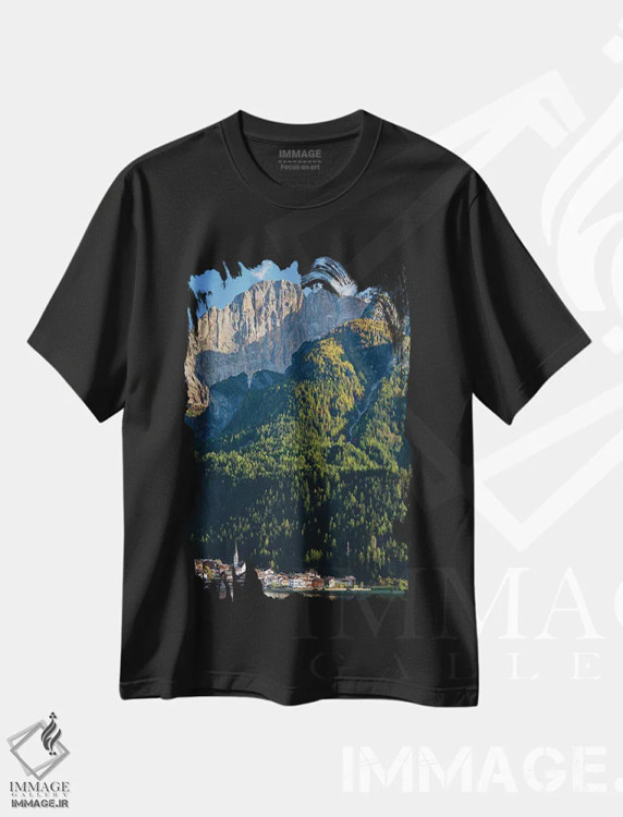 تیشرت مشکی طرح دار – تیشرت طبیعت ,an icon of the dolomites in the Veneto,دهکده آلگه کنار دریاچه آلگه در پای قله چیوتا، نماد دولومیت های ونتو اثر مارتین زویک فروشگاه ایماژ