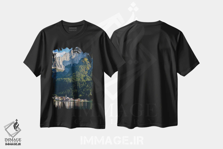 تیشرت مشکی طرح دار – تیشرت منظره ,an icon of the dolomites in the Veneto, Italy,دهکده آلگه کنار دریاچه آلگه در پای قله چیوتا، نماد دولومیت های ونتو، ایتالیا اثر مارتین زویک فروشگاه ایماژ