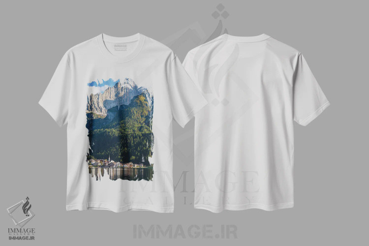 تیشرت سفید طرح دار – تیشرت منظره ,an icon of the dolomites in the Veneto, Italy,دهکده آلگه کنار دریاچه آلگه در پای قله چیوتا، نماد دولومیت های ونتو، ایتالیا اثر مارتین زویک immage.ir