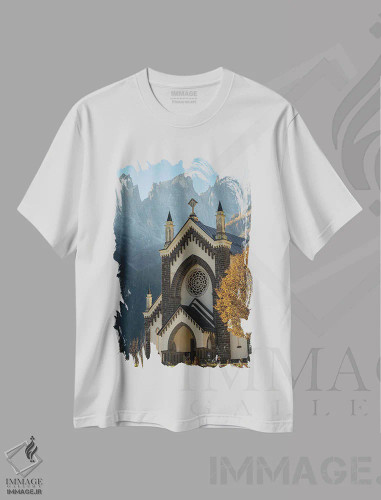 تیشرت سفید طرح دار – تیشرت معنوی ,in the background the Focobon mountain range, Pale di San Martino. Italy.,کلیسای سن سباستیانو در فالکاده، دره بایویس؛ در پس زمینه رشته کوه فوکوبون، پاله دی سن مارتینو، ایتالیا اثر مارتین زویک فروشگاه ایماژ