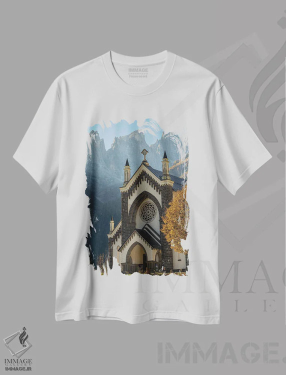 تیشرت سفید طرح دار – تیشرت معنوی ,in the background the Focobon mountain range, Pale di San Martino. Italy.,کلیسای سن سباستیانو در فالکاده، دره بایویس؛ در پس زمینه رشته کوه فوکوبون، پاله دی سن مارتینو، ایتالیا اثر مارتین زویک فروشگاه ایماژ