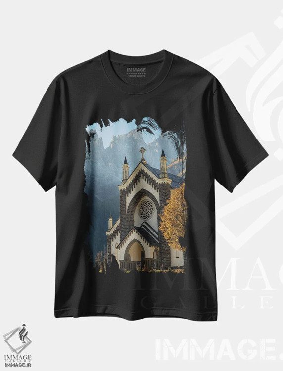 تیشرت مشکی طرح دار – تیشرت معنوی ,in the background the Focobon mountain range, Pale di San Martino. Italy.,کلیسای سن سباستیانو در فالکاده، دره بایویس؛ در پس زمینه رشته کوه فوکوبون، پاله دی سن مارتینو، ایتالیا اثر مارتین زویک immage.ir
