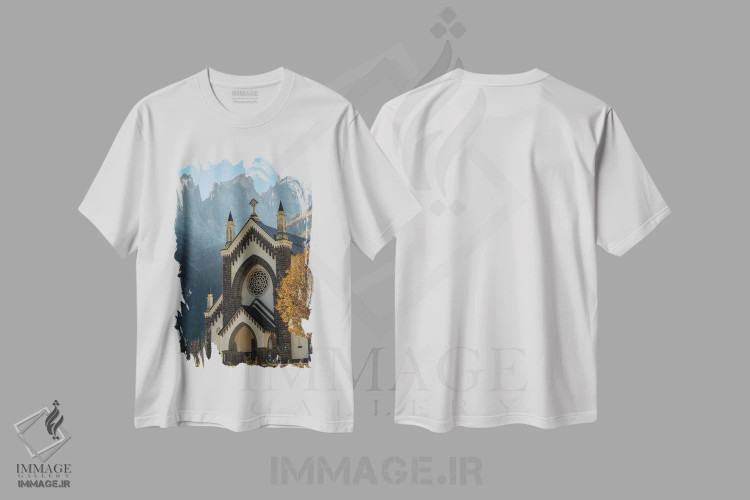 تیشرت سفید طرح دار – تیشرت معنوی ,in the background the Focobon mountain range, Pale di San Martino. Italy.,کلیسای سن سباستیانو در فالکاده، دره بایویس؛ در پس زمینه رشته کوه فوکوبون، پاله دی سن مارتینو، ایتالیا اثر مارتین زویک فروشگاه ایماژ