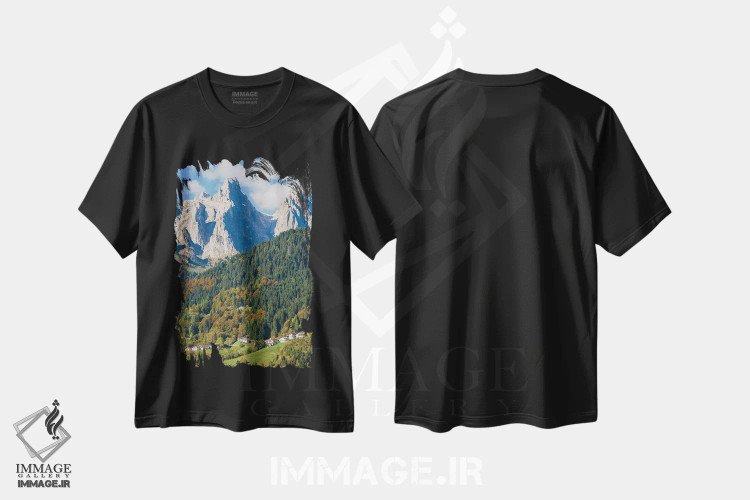 تیشرت مشکی طرح دار – تیشرت طبیعت ,روستاهای سراسین و پونگان در ونتو زیر قله های رشته کوه پاله دی سن مارتینو اثر مارتین زویک فروشگاه ایماژ
