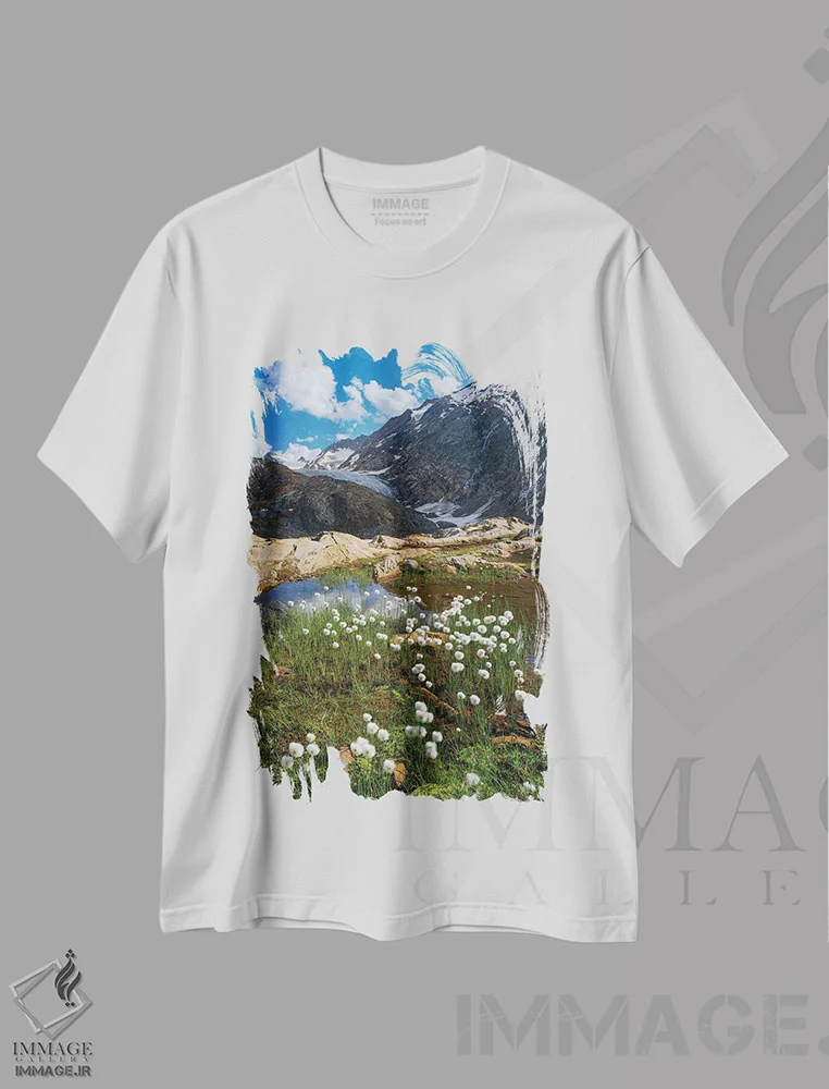 تیشرت سفید طرح دار – تیشرت منظره ,Austria, Tyrol,علف پنبه ای سفید در مقابل یخچال گورگلر در دره اوتزال آلپ، پارک طبیعی اوتزال، اروپا، اتریش، تیرول اثر مارتین زویک immage.ir