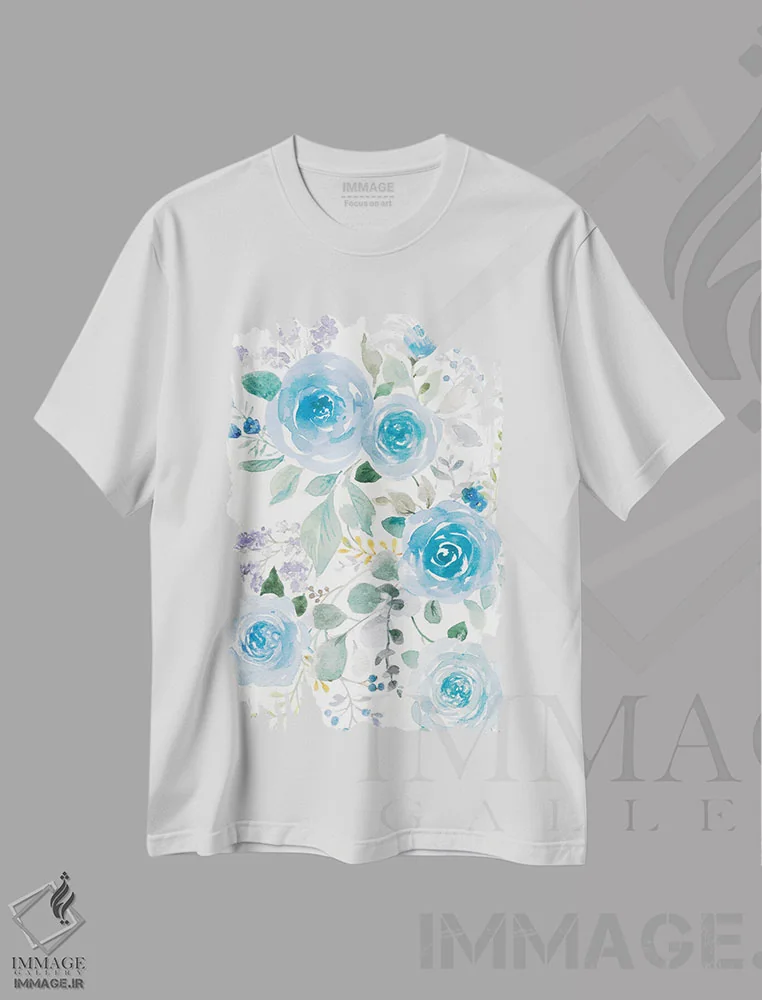 تیشرت سفید طرح دار – تیشرت انتزاعی ,رزهای آبی پرپشت دو اثر دان هوی نای فروشگاه ایماژ