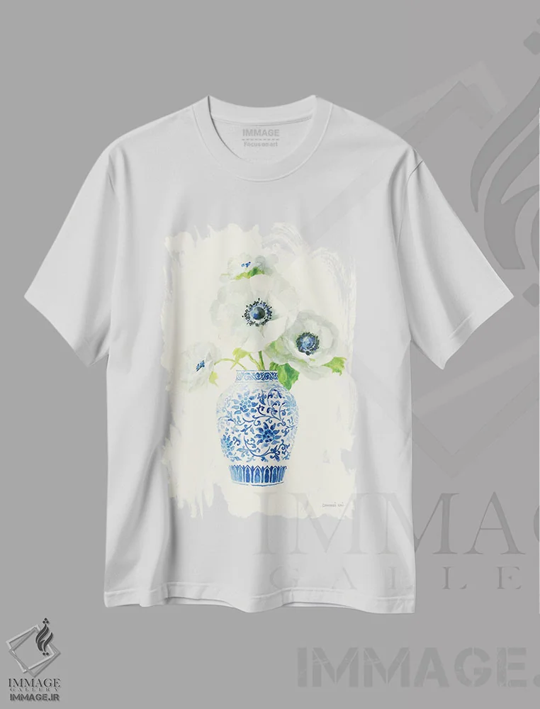 تیشرت سفید طرح دار – تیشرت هنری ,نقش نگار چینی گلدار اثر دان هوی نای فروشگاه ایماژ
