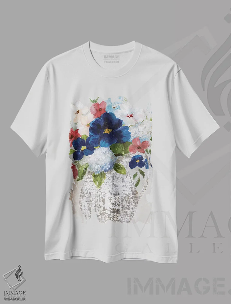 تیشرت سفید طرح دار – تیشرت هنری ,دسته گل کتان دو اثر نان فروشگاه ایماژ