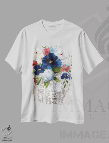 تیشرت سفید طرح دار – تیشرت هنری ,دسته گل کتان دو اثر نان فروشگاه ایماژ
