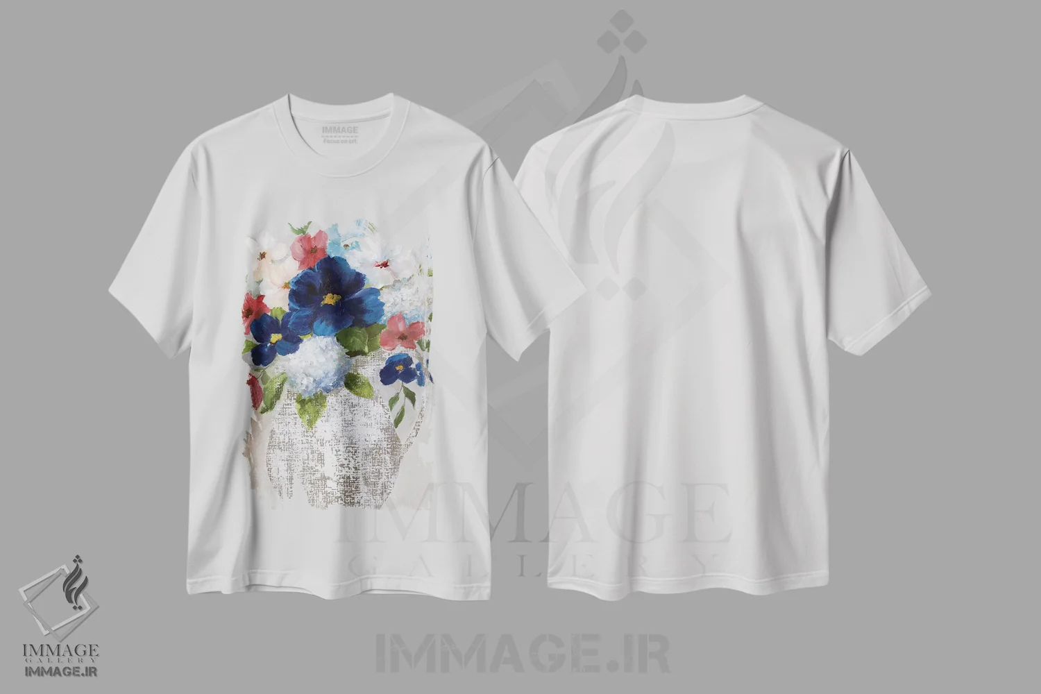 تیشرت سفید طرح دار – تیشرت هنری ,دسته گل کتان دو اثر نان فروشگاه ایماژ