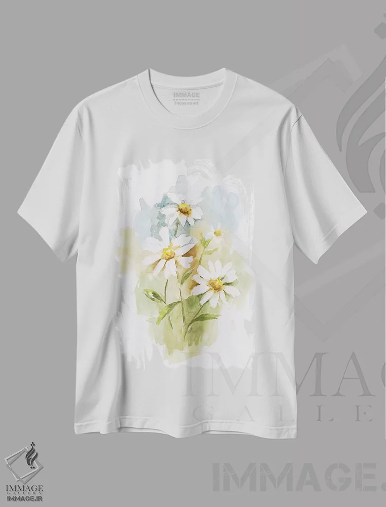 تیشرت سفید طرح دار – تیشرت گل های آبرنگی ,مارگریت وحشی یک اثر نان immage.ir