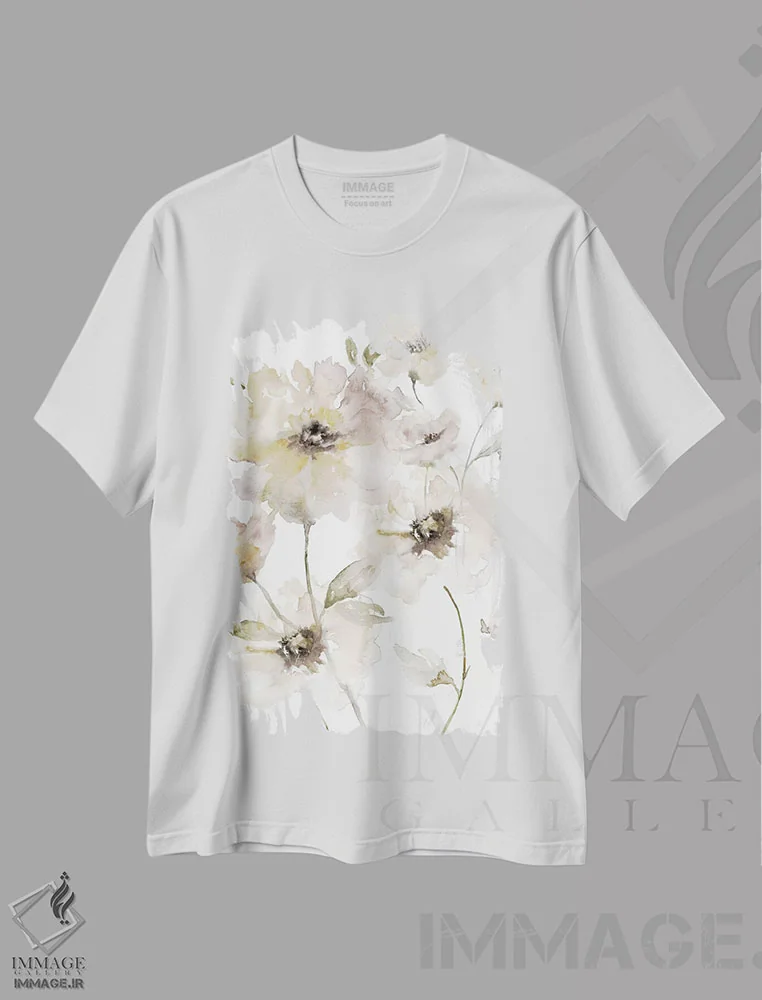 تیشرت سفید طرح دار – تیشرت آبرنگی ,باغ شفاف یک اثر نان immage.ir