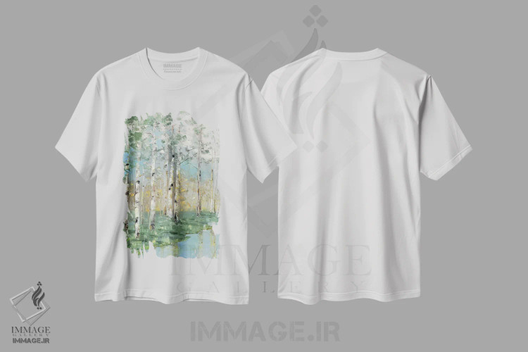 تیشرت سفید طرح دار – تیشرت هنری ,انعکاس درخت توس یک اثر سالی سواتلند فروشگاه ایماژ