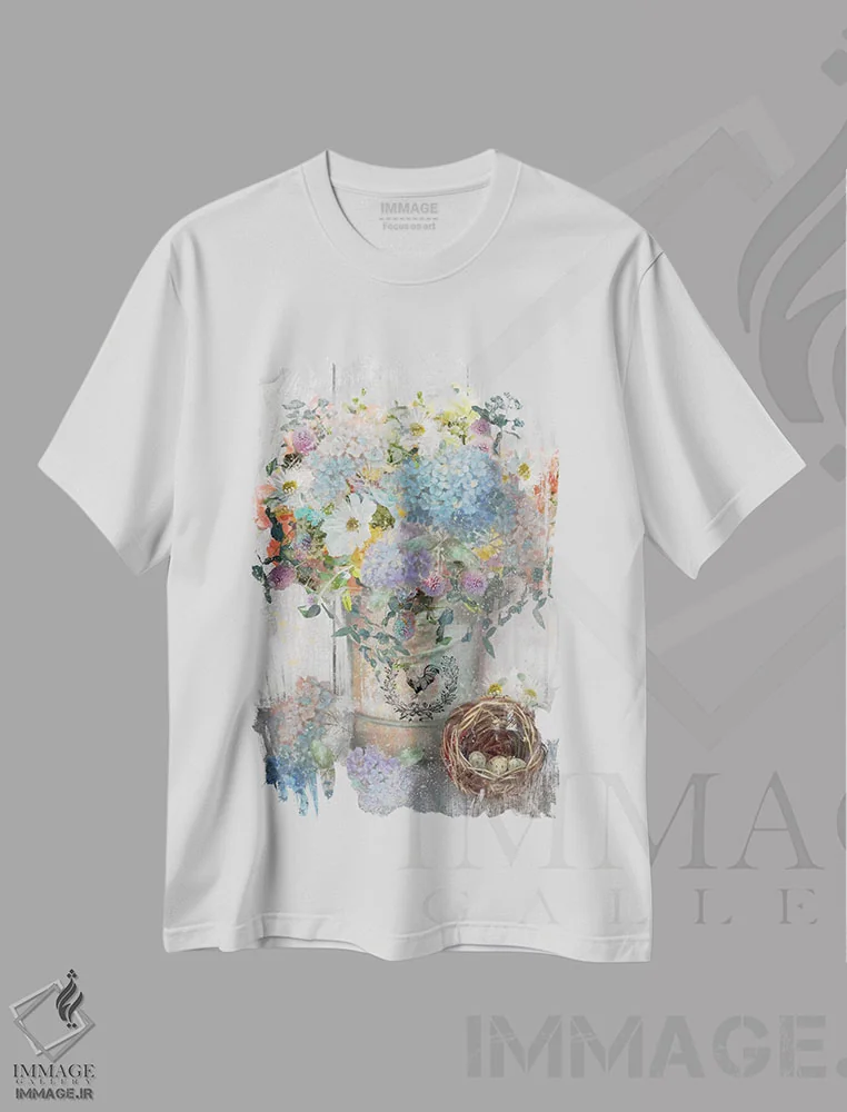 تیشرت سفید طرح دار – تیشرت فانتزی ,سطل گل یک اثر نان فروشگاه ایماژ