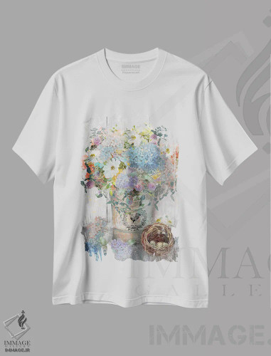 تیشرت سفید طرح دار – تیشرت فانتزی ,سطل گل یک اثر نان فروشگاه ایماژ