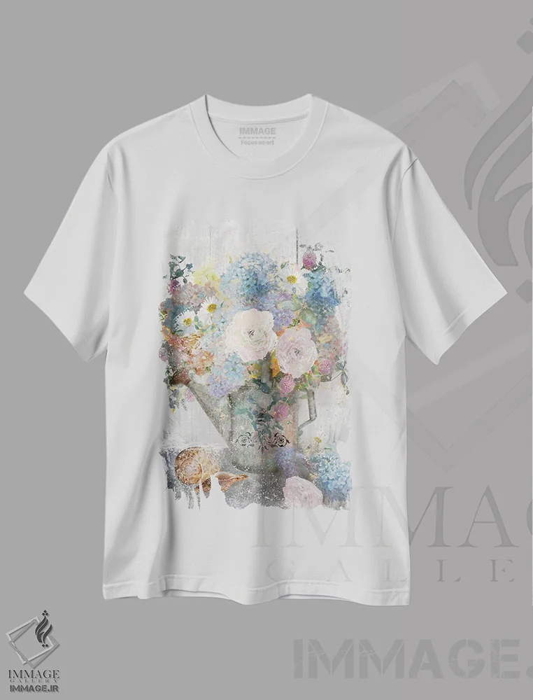 تیشرت سفید طرح دار – تیشرت فانتزی ,سطل گل دو اثر نان فروشگاه ایماژ