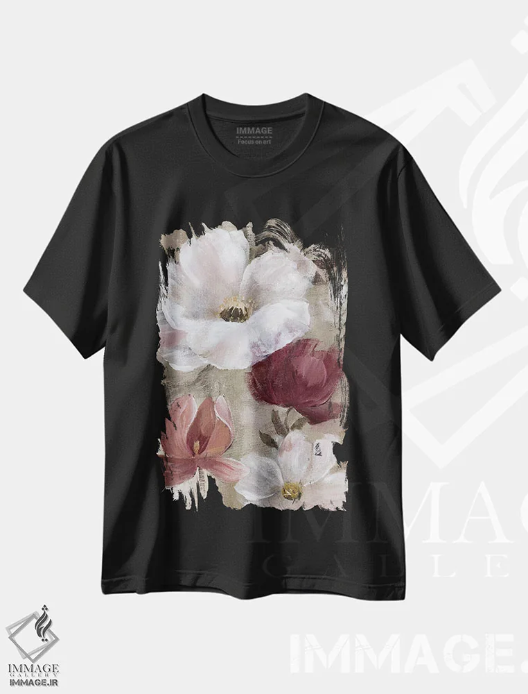 تیشرت مشکی طرح دار – تیشرت انتزاعی ,قرمزهای زودگذر باغ I اثر نان فروشگاه ایماژ