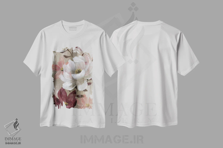 تیشرت سفید طرح دار – تیشرت آبستره گلدار ,قرمزهای زودگذر باغ II اثر نان فروشگاه ایماژ