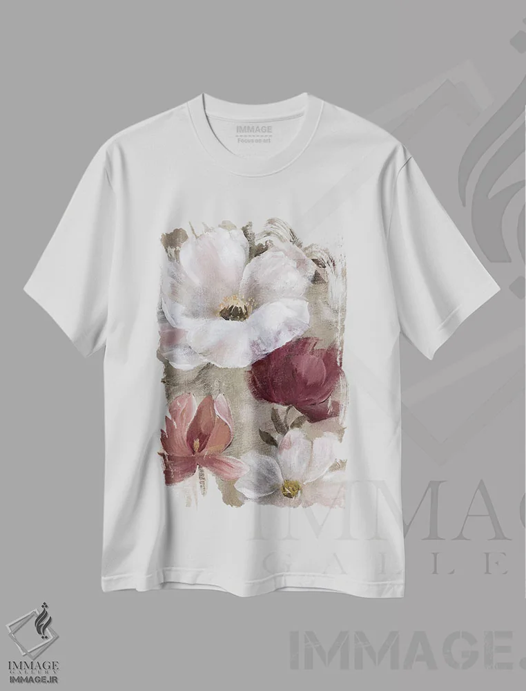 تیشرت سفید طرح دار – تیشرت انتزاعی ,قرمزهای زودگذر باغ I اثر نان immage.ir
