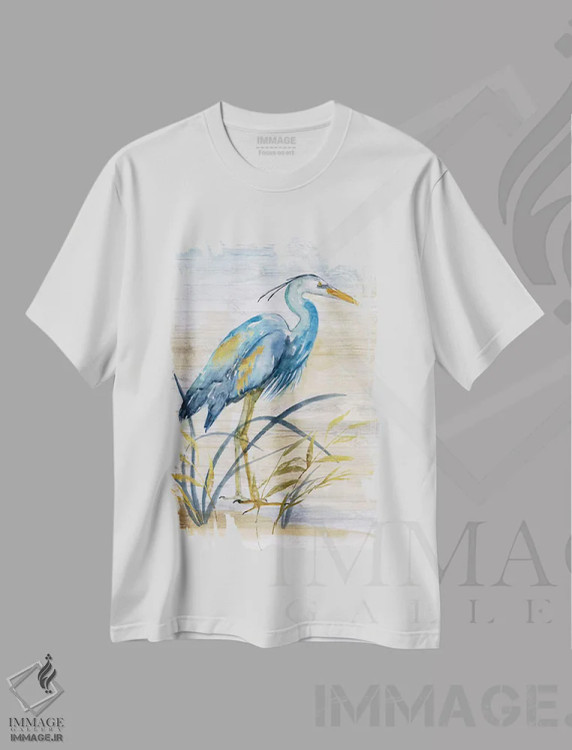 تیشرت سفید طرح دار – تیشرت هنری ,حواصیل آبی I اثر نان فروشگاه ایماژ