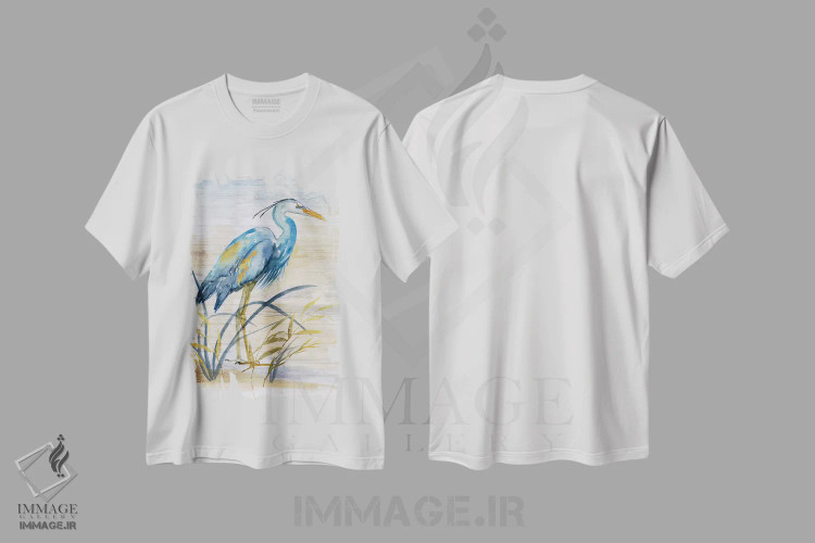 تیشرت سفید طرح دار – تیشرت هنری ,حواصیل آبی I اثر نان فروشگاه ایماژ