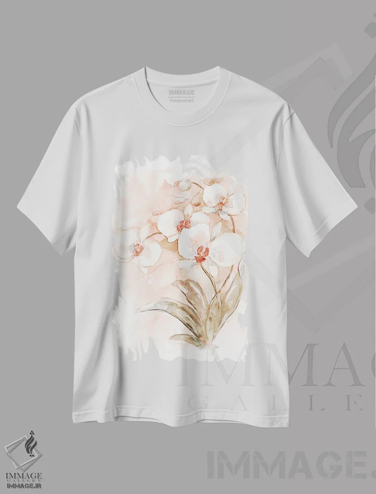 تیشرت سفید طرح دار – تیشرت گل ها ,ارکیده سفید و مرجانی II اثر نان فروشگاه ایماژ