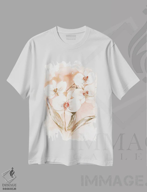 تیشرت سفید طرح دار – تیشرت گلدار ,ارکیده سفید و مرجانی I اثر نان immage.ir