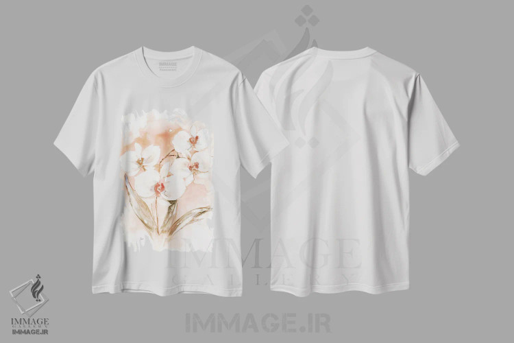 تیشرت سفید طرح دار – تیشرت گلدار ,ارکیده سفید و مرجانی I اثر نان immage.ir
