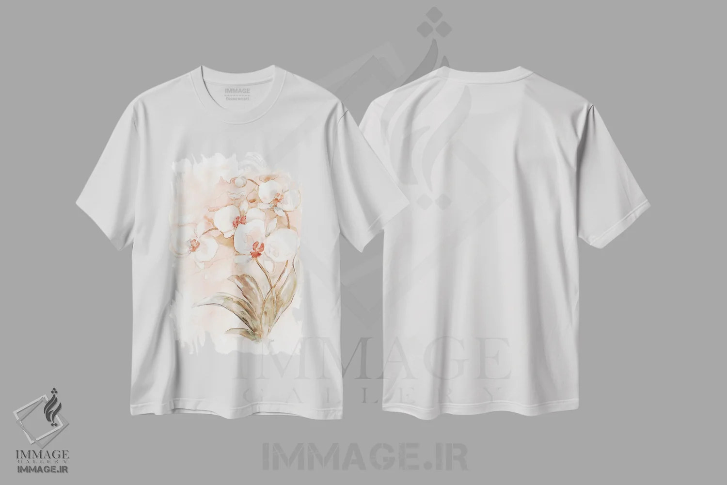 تیشرت سفید طرح دار – تیشرت گل ها ,ارکیده سفید و مرجانی II اثر نان فروشگاه ایماژ