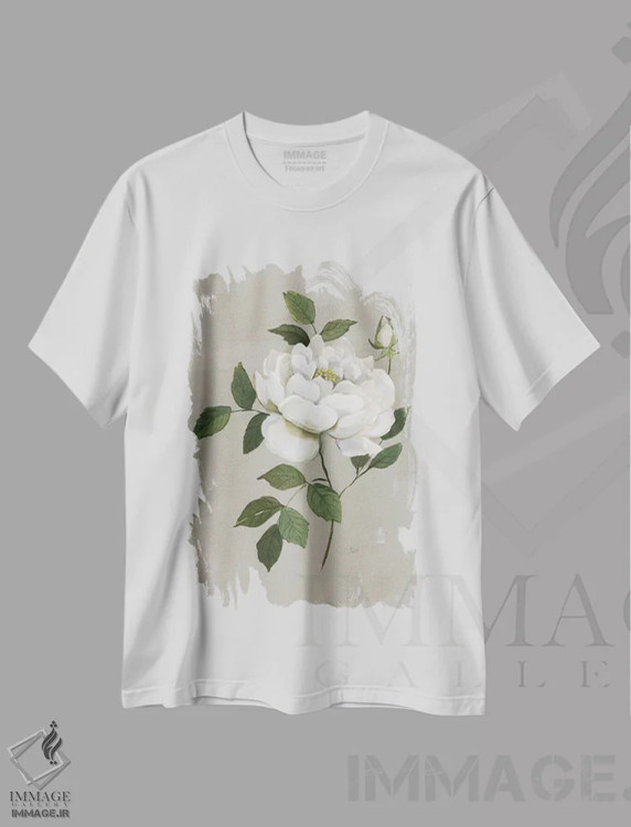 تیشرت سفید طرح دار – تیشرت گل رز ,رز گیاهی اثر نان فروشگاه ایماژ