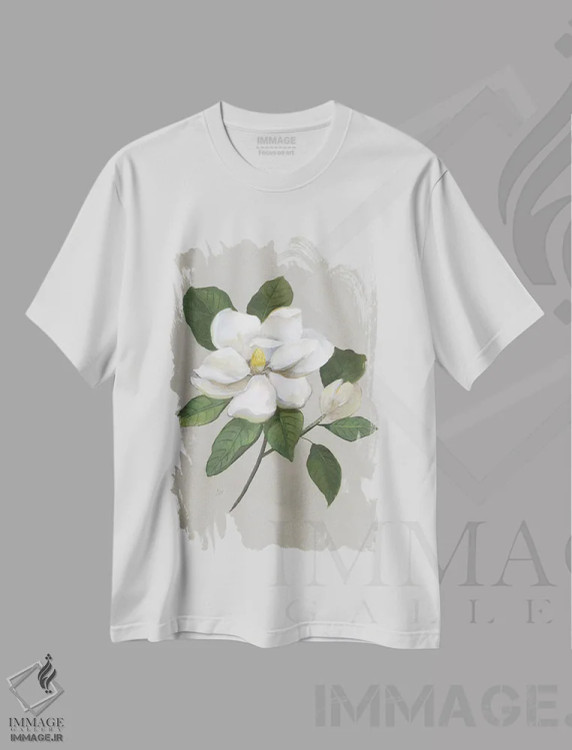 تیشرت سفید طرح دار – تیشرت هنری طبیعت بی جان ,ماگنولیای گیاهی اثر نان immage.ir
