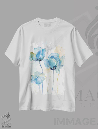 تیشرت سفید طرح دار – تیشرت هنری آبرنگی ,آبی های گل های وحشی I اثر نان فروشگاه ایماژ